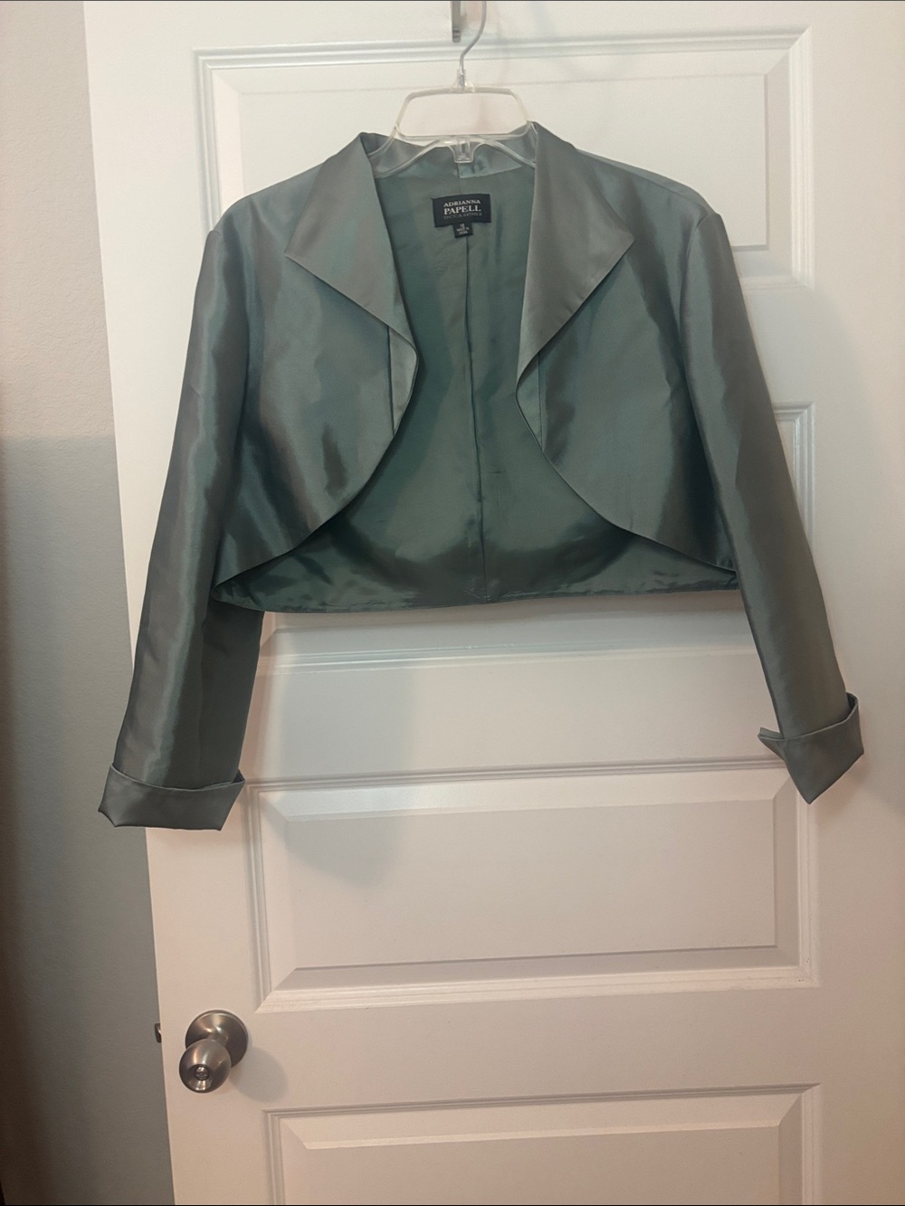 VTG Adrianna Papell Satin Cropped Bolero Jacket Sage Green SZ 16 Silk Cotton